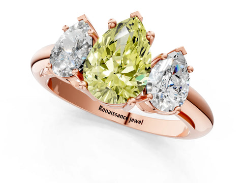 Rose gold Three-Stone Fancy Yellow Pear Cut Cut Diamond Engagement Ring with Prong Setting on a White Gold Band_1