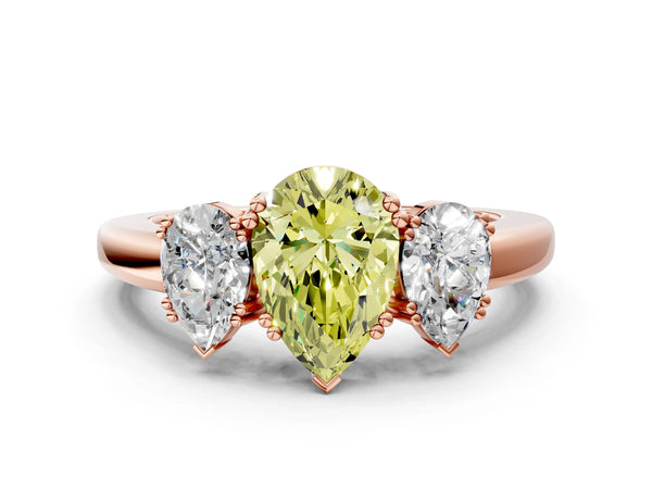 Rose gold Three-Stone Fancy Yellow Pear Cut Cut Diamond Ring with Channel Set Band and Four-Prong Setting