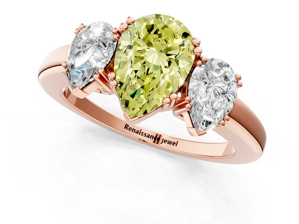 Rose gold Three-Stone Fancy Yellow Pear Cut Cut Diamond Ring with Channel Set Band and Four-Prong Setting