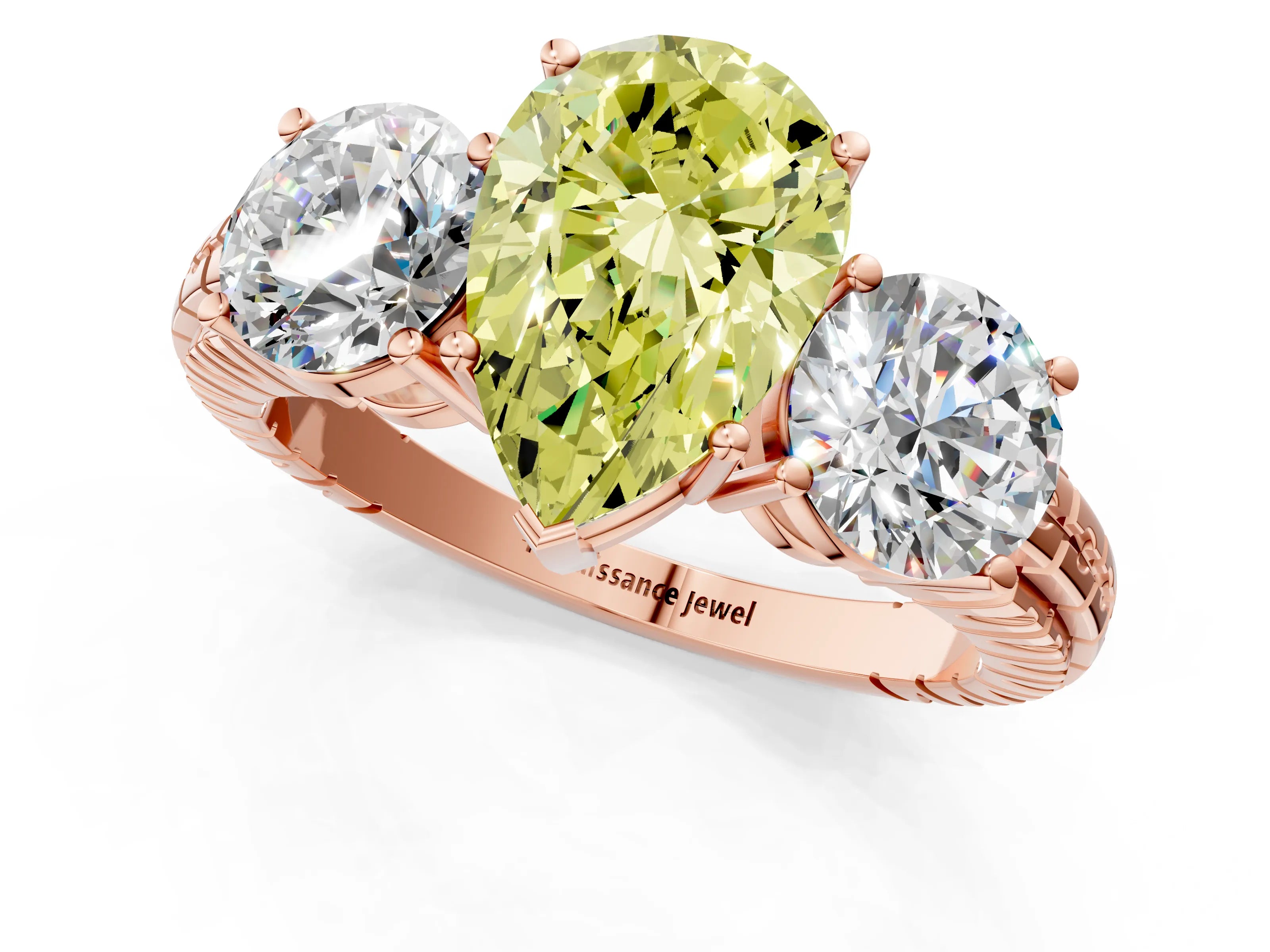 Rose gold Three-Stone Fancy Yellow Pear Cut Cut Diamond Ring with Channel-Set Band and Prong Setting_1