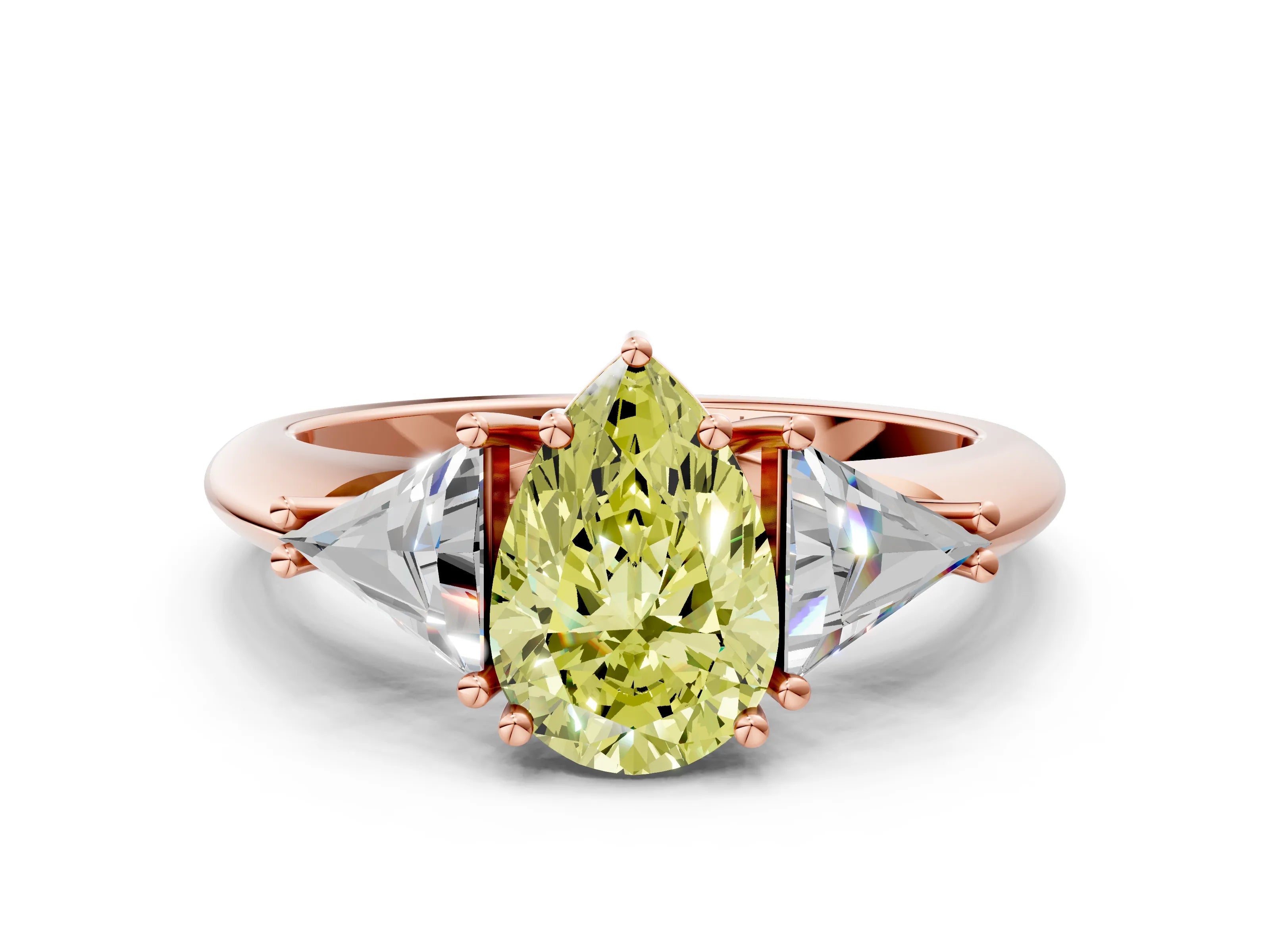 Rose gold Three-Stone Fancy Yellow Pear Cut Cut Diamond Ring with Trillion Side Stones and Four-Prong Setting_3