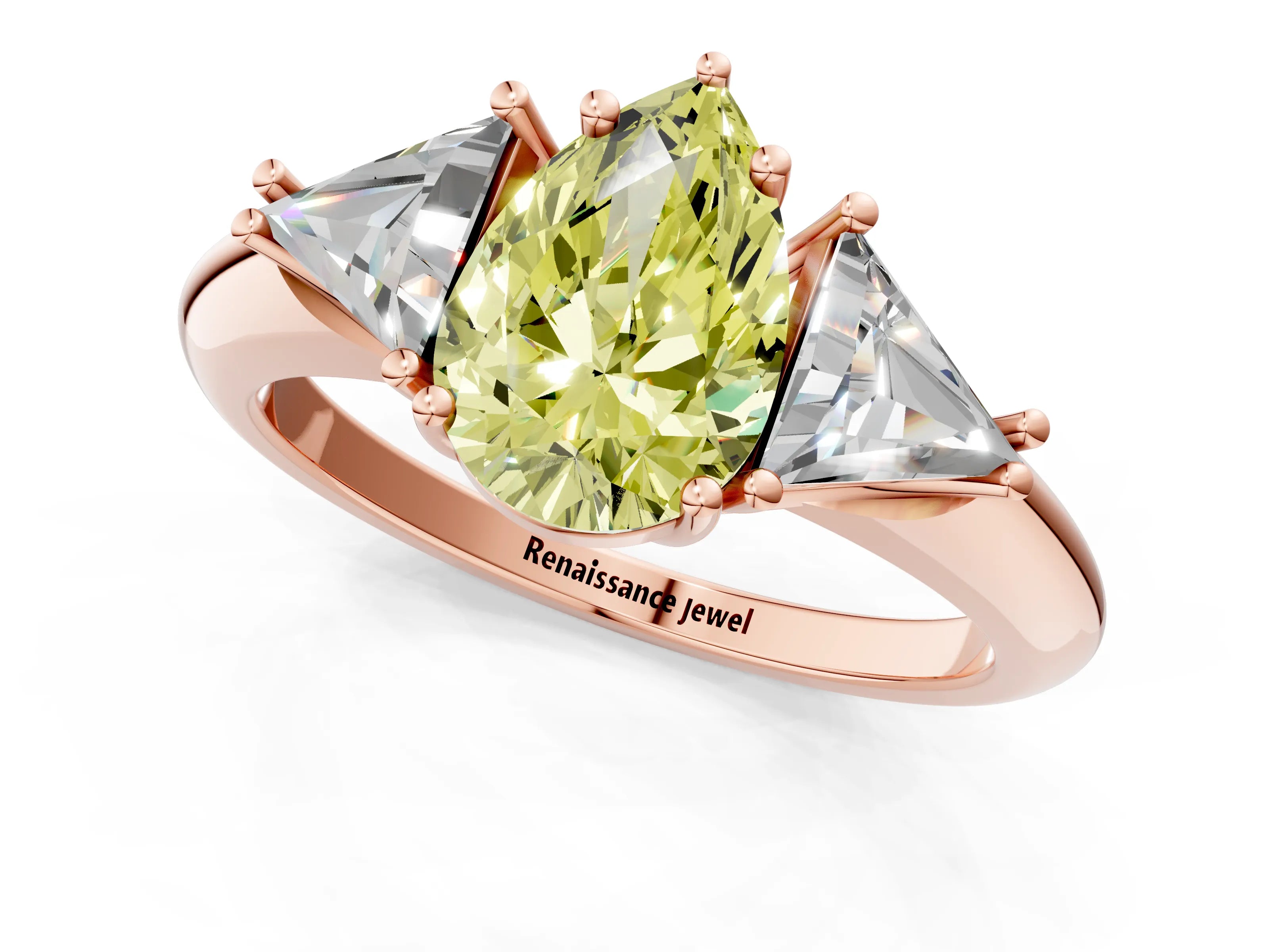 Rose gold Three-Stone Fancy Yellow Pear Cut Cut Diamond Ring with Trillion Side Stones and Four-Prong Setting_4