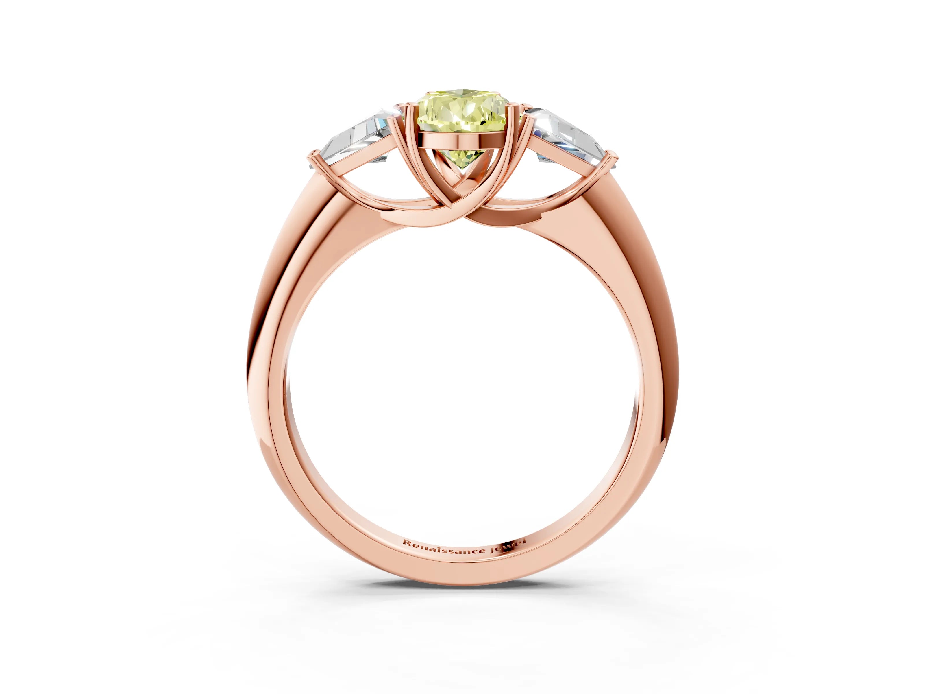 Rose gold Three-Stone Fancy Yellow Pear Cut Cut Diamond Ring with Trillion Side Stones and Four-Prong Setting_6