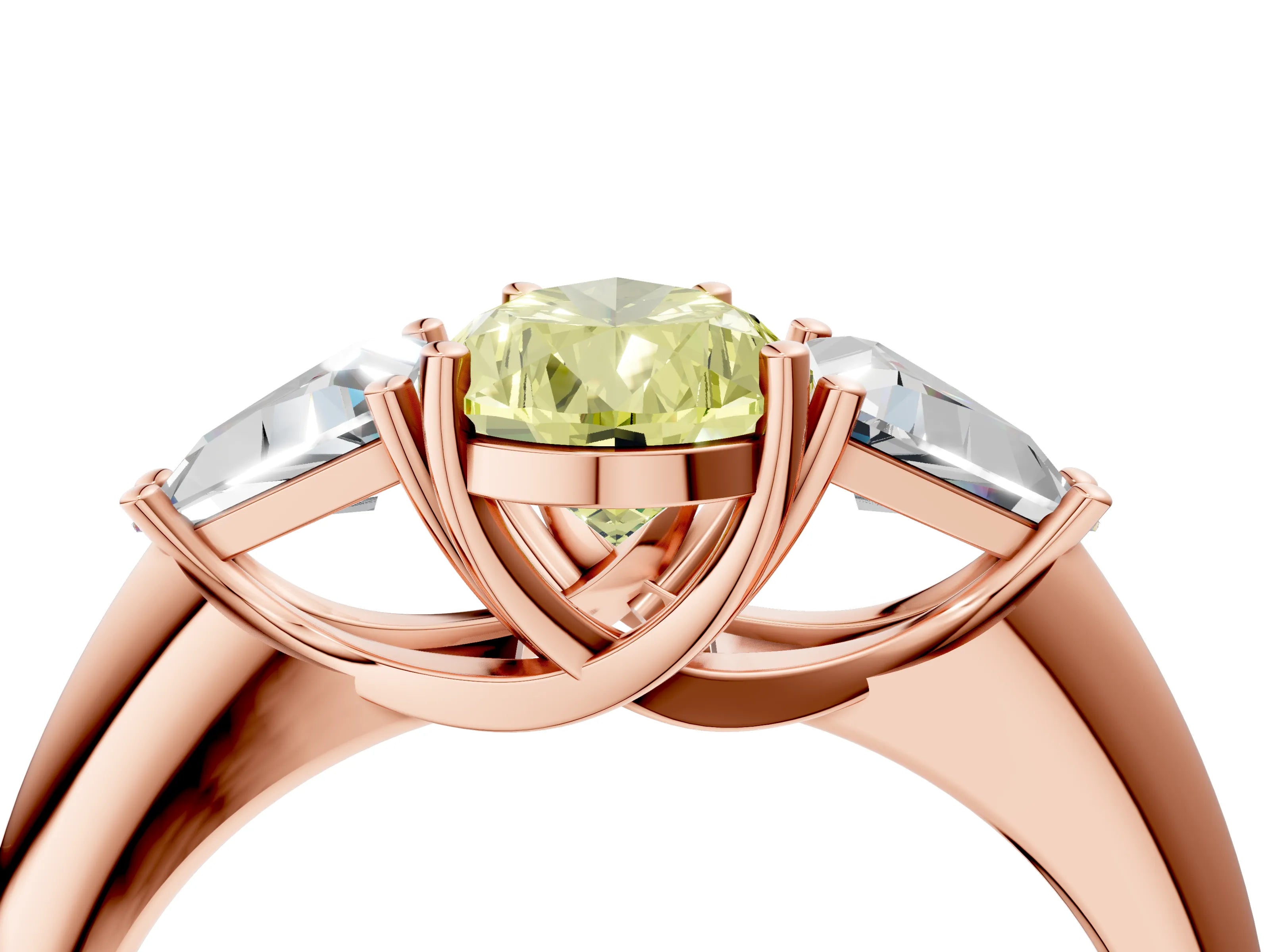 Rose gold Three-Stone Fancy Yellow Pear Cut Cut Diamond Ring with Trillion Side Stones and Four-Prong Setting_7