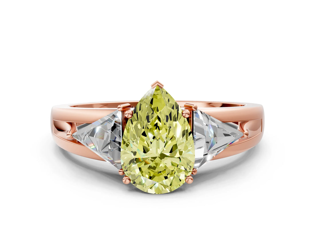 Rose gold Three-Stone Fancy Yellow Pear Cut Cut Diamond Ring with Trillion Side Stones on a Split Shank Band