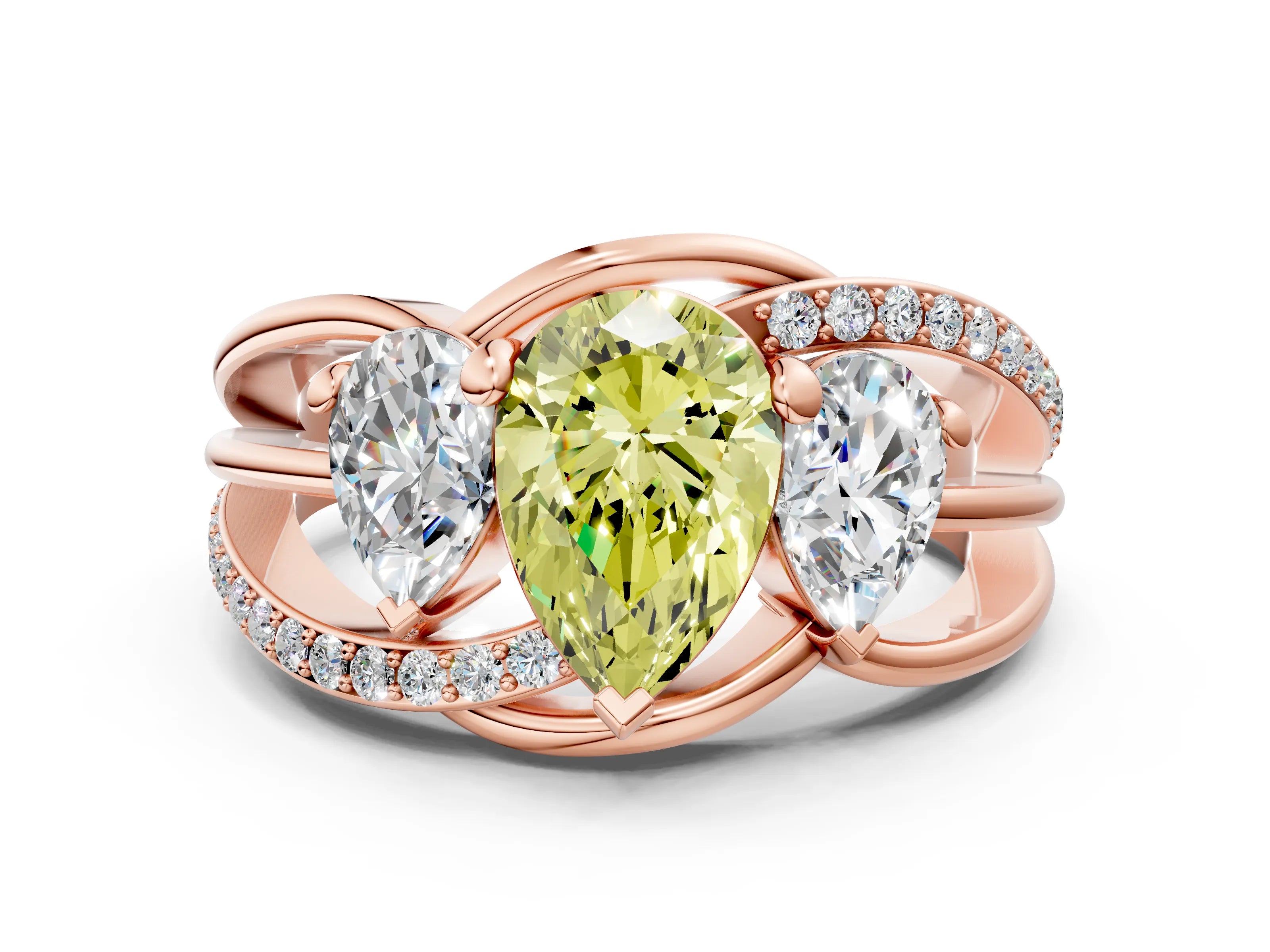 Rose gold Three-Stone Fancy Yellow Pear Cut Cut Diamond Split Shank Prong Set Ring