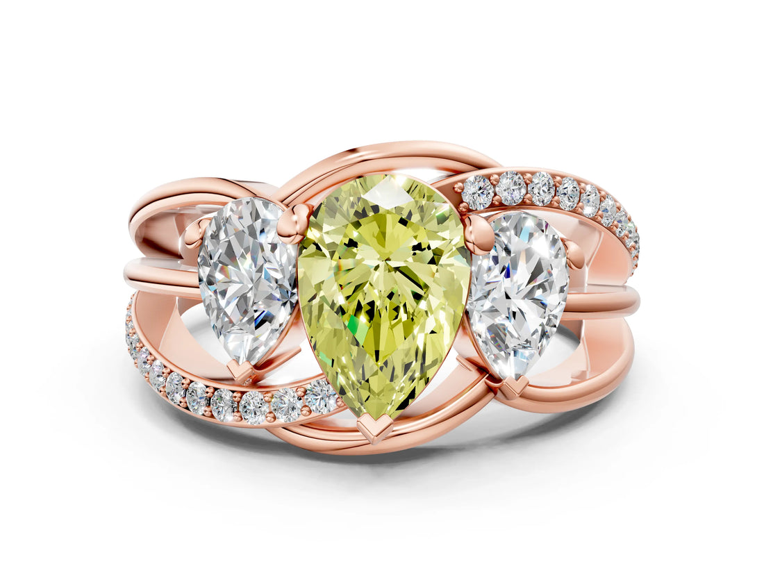Rose gold Three-Stone Fancy Yellow Pear Cut Cut Diamond Split Shank Prong Set Ring