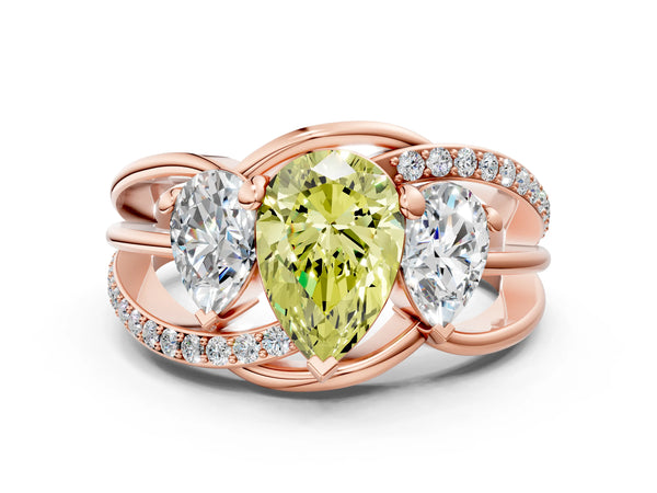 Rose gold Three-Stone Fancy Yellow Pear Cut Cut Diamond Split Shank Prong Set Ring
