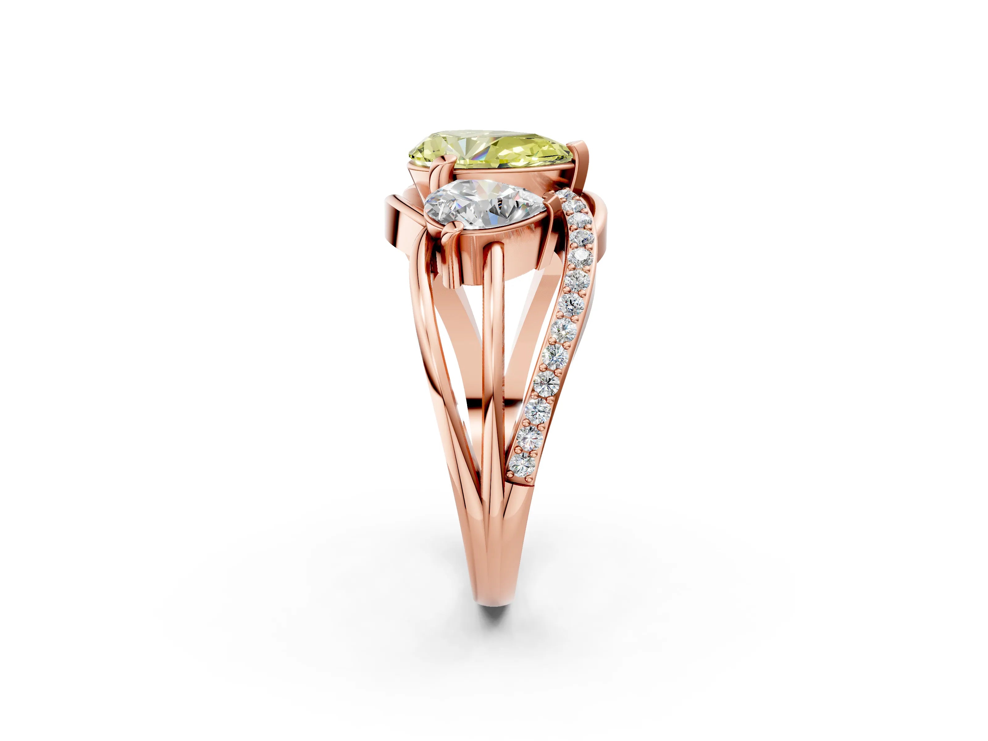 Rose gold Three-Stone Fancy Yellow Pear Cut Cut Diamond Split Shank Prong Set Ring_2