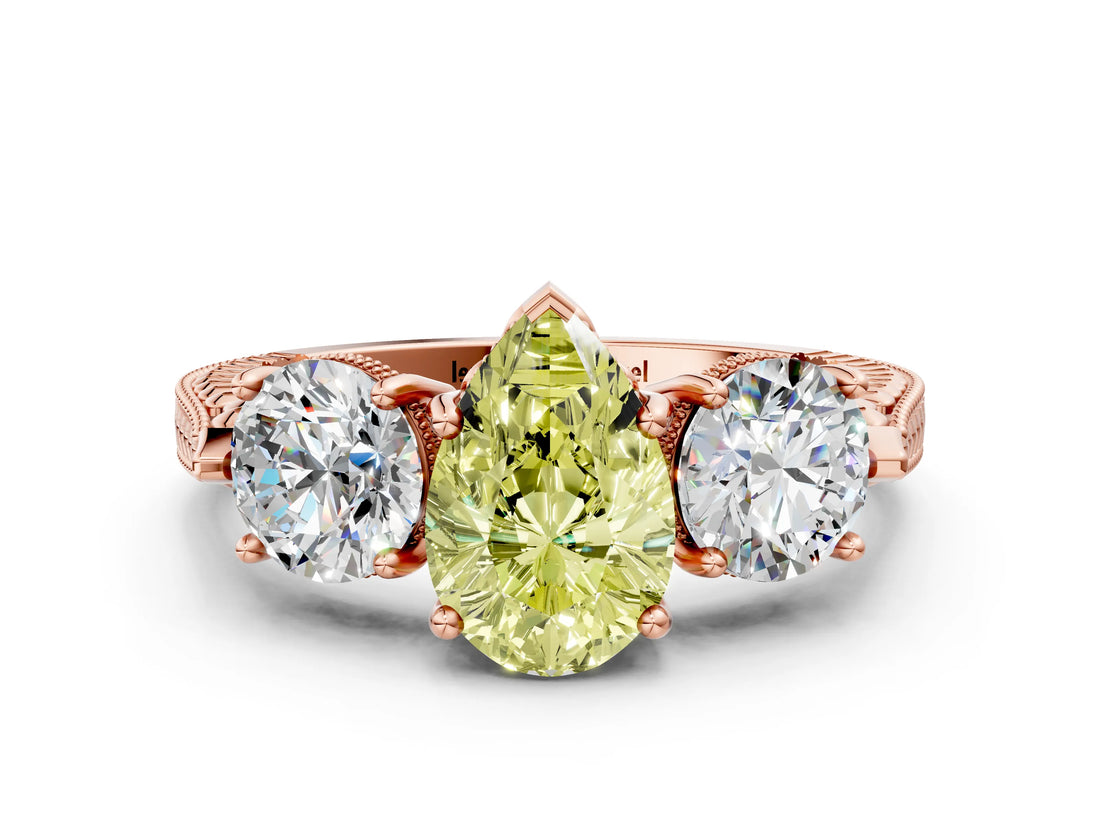 Rose gold Three-Stone Fancy Yellow Pear Cut Cut Milgrain Band Prong Setting Ring