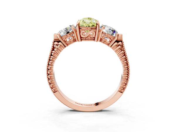 Rose Gold Pear-Shaped Vintage Three Stone Engagement Ring Setting for Fancy Yellow Center