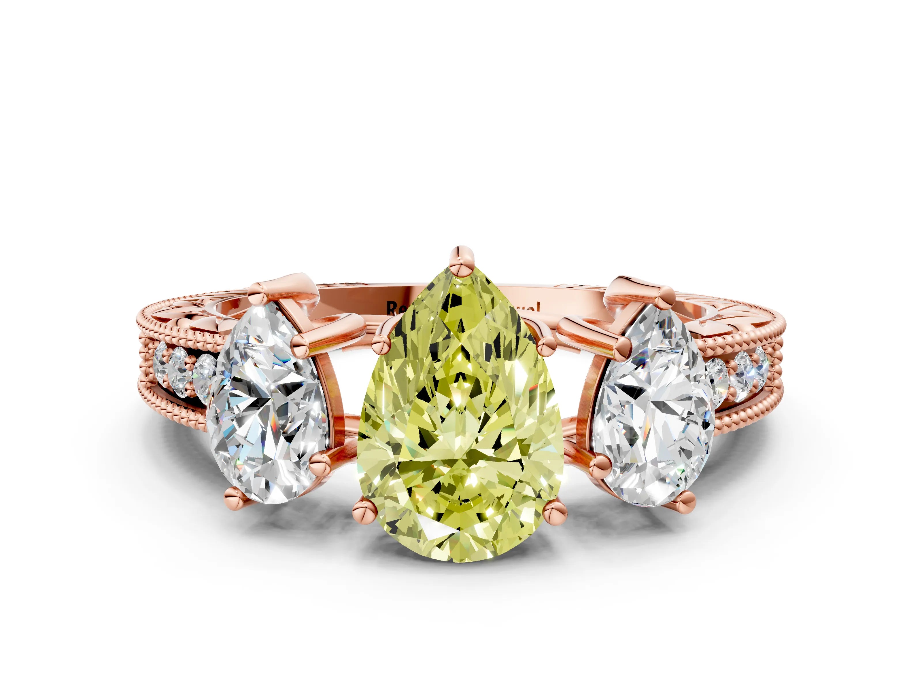 Rose gold Three-Stone Fancy Yellow Pear Cut Cut Milgrain Pavé Engagement Ring_12