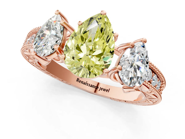 Rose Gold Pear-Shaped Engraved Three Stone Engagement Ring Setting for Fancy Yellow Center