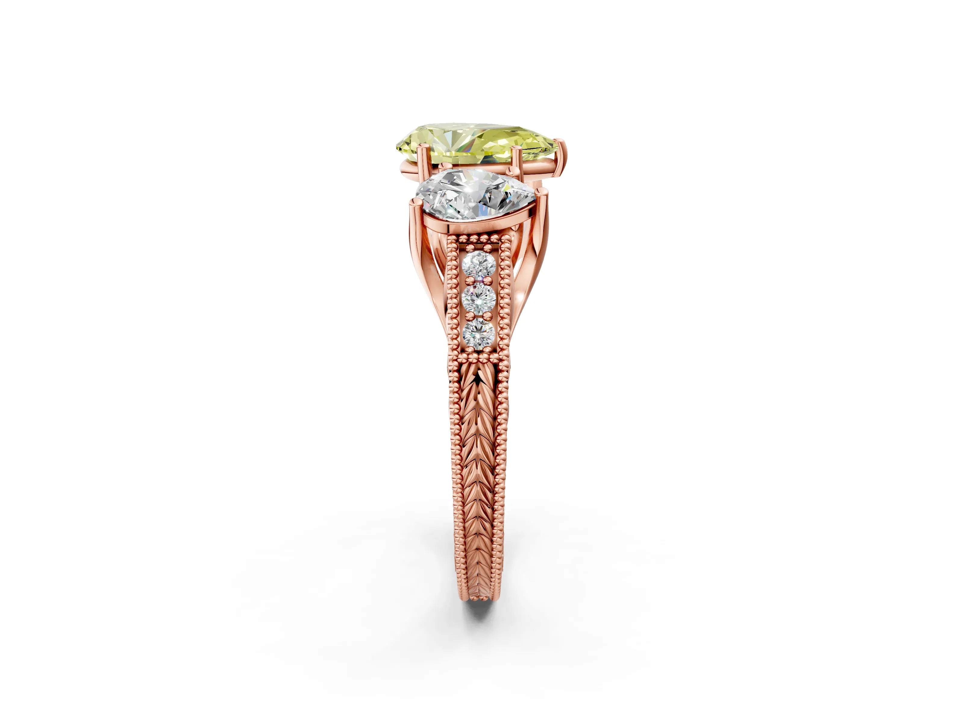 Rose gold Three-Stone Fancy Yellow Pear Cut Cut Milgrain Pavé Engagement Ring_14