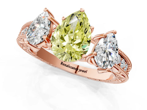 Rose gold Three-Stone Fancy Yellow Pear Cut Cut Milgrain Pavé Engagement Ring_1