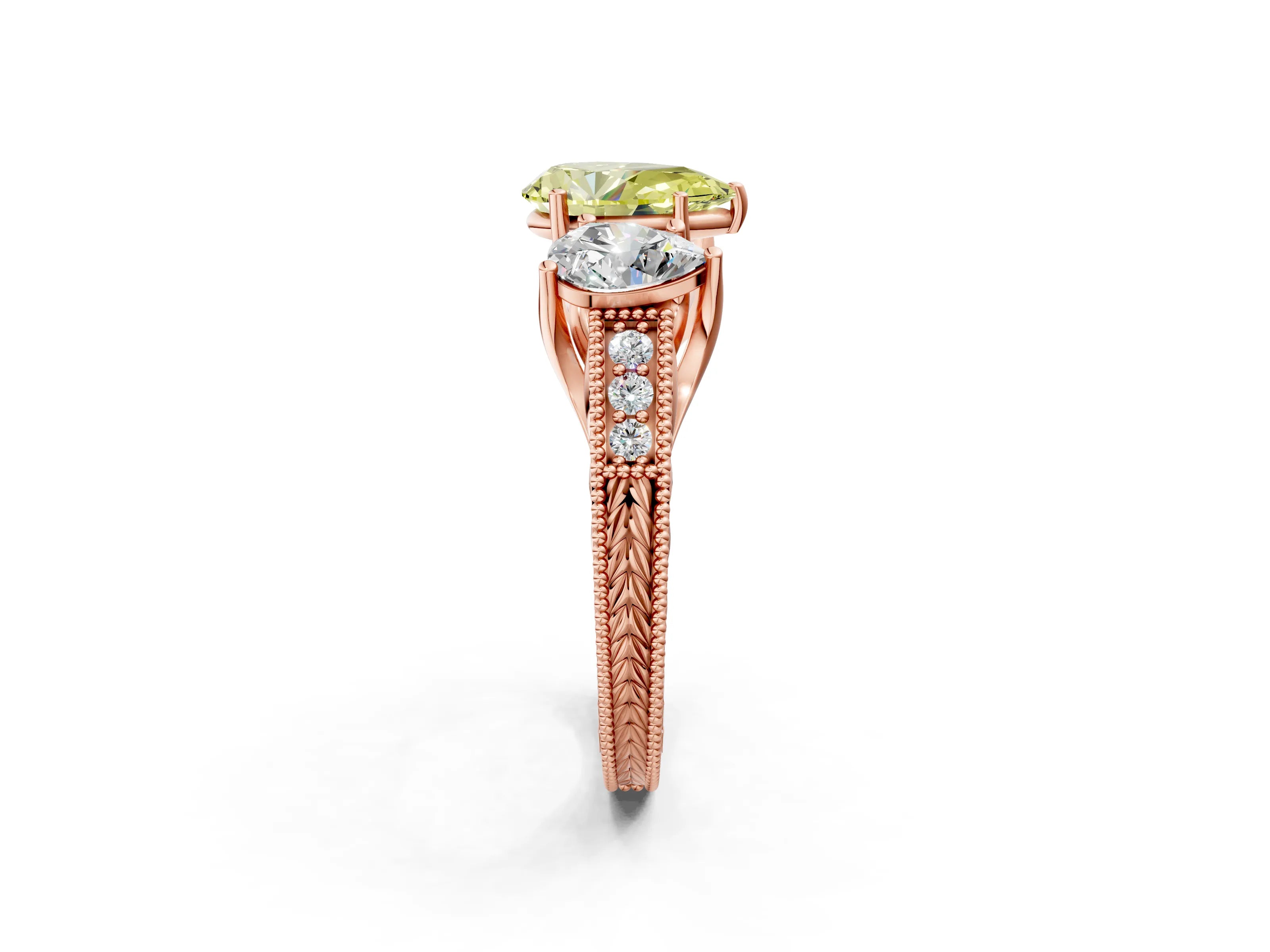 Rose gold Three-Stone Fancy Yellow Pear Cut Cut Milgrain Pavé Engagement Ring_2