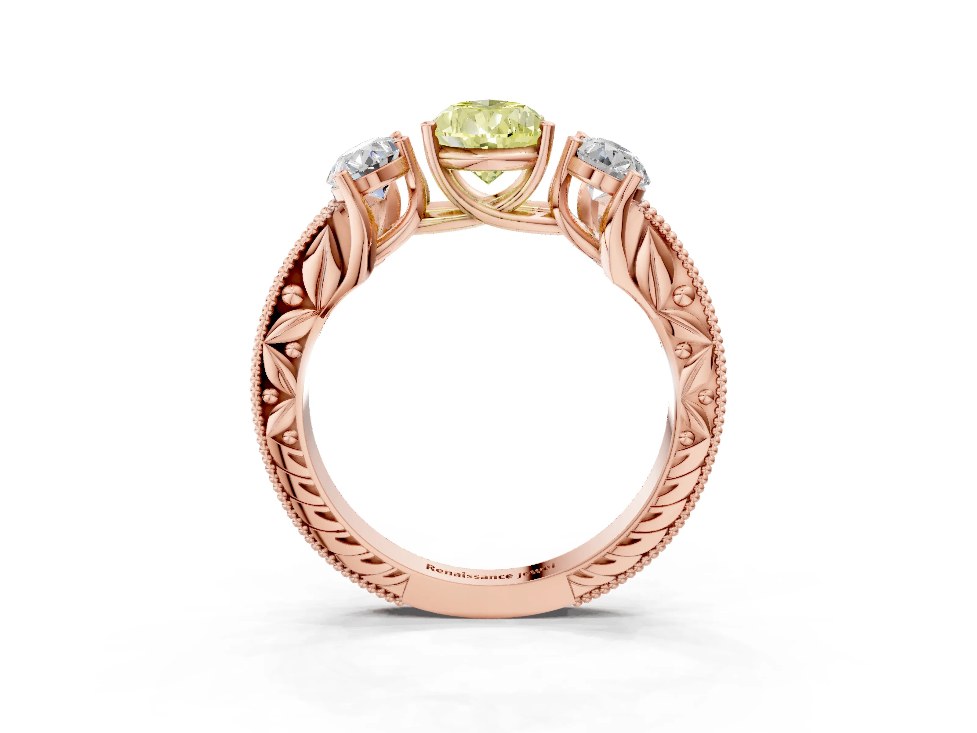 Rose gold Three-Stone Fancy Yellow Pear Cut Cut Milgrain Pavé Engagement Ring_3