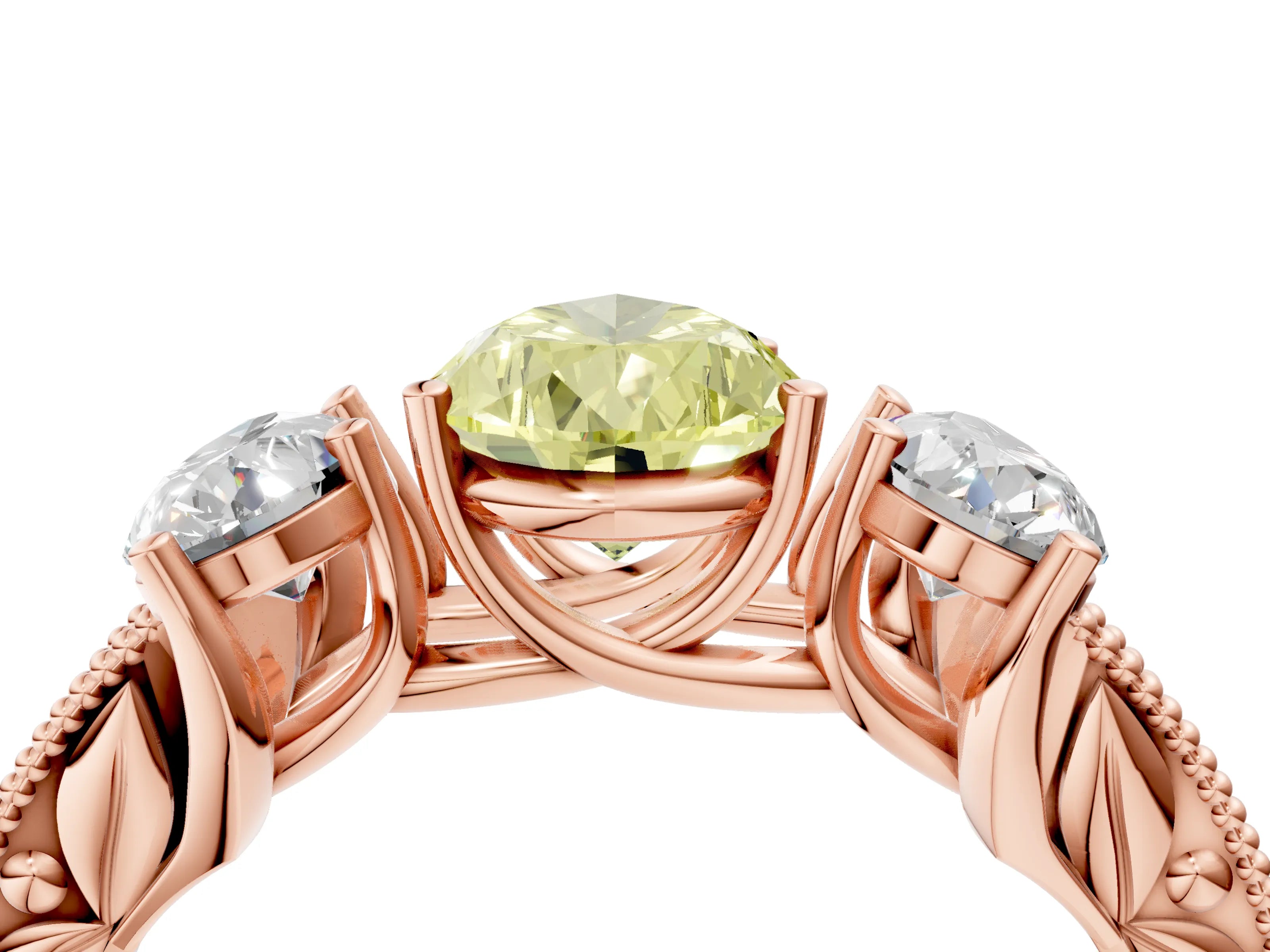Rose gold Three-Stone Fancy Yellow Pear Cut Cut Milgrain Pavé Engagement Ring_4