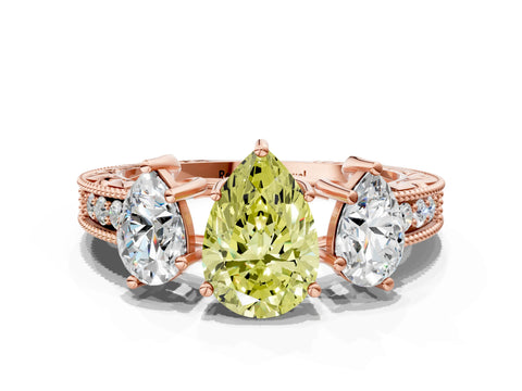 Rose gold Three-Stone Fancy Yellow Pear Cut Cut Milgrain Pavé Engagement Ring