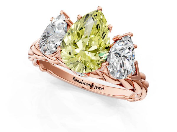 Rose gold Three-Stone Fancy Yellow Pear Cut Diamond Braided Band Ring with Four-Prong Setting