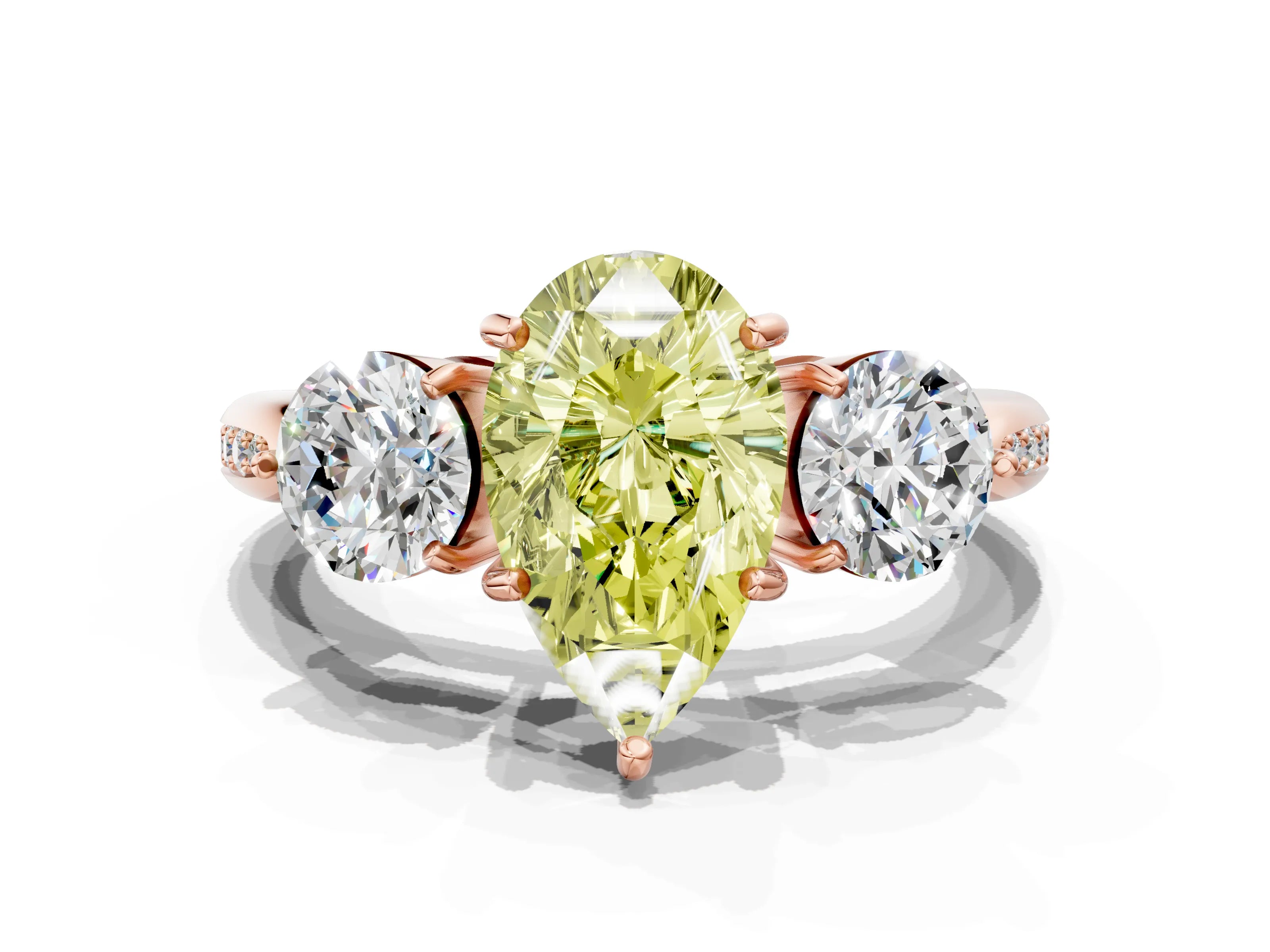 Rose gold Three-Stone Fancy Yellow Pear Cut Diamond Channel Set Engagement Ring with Prong Setting