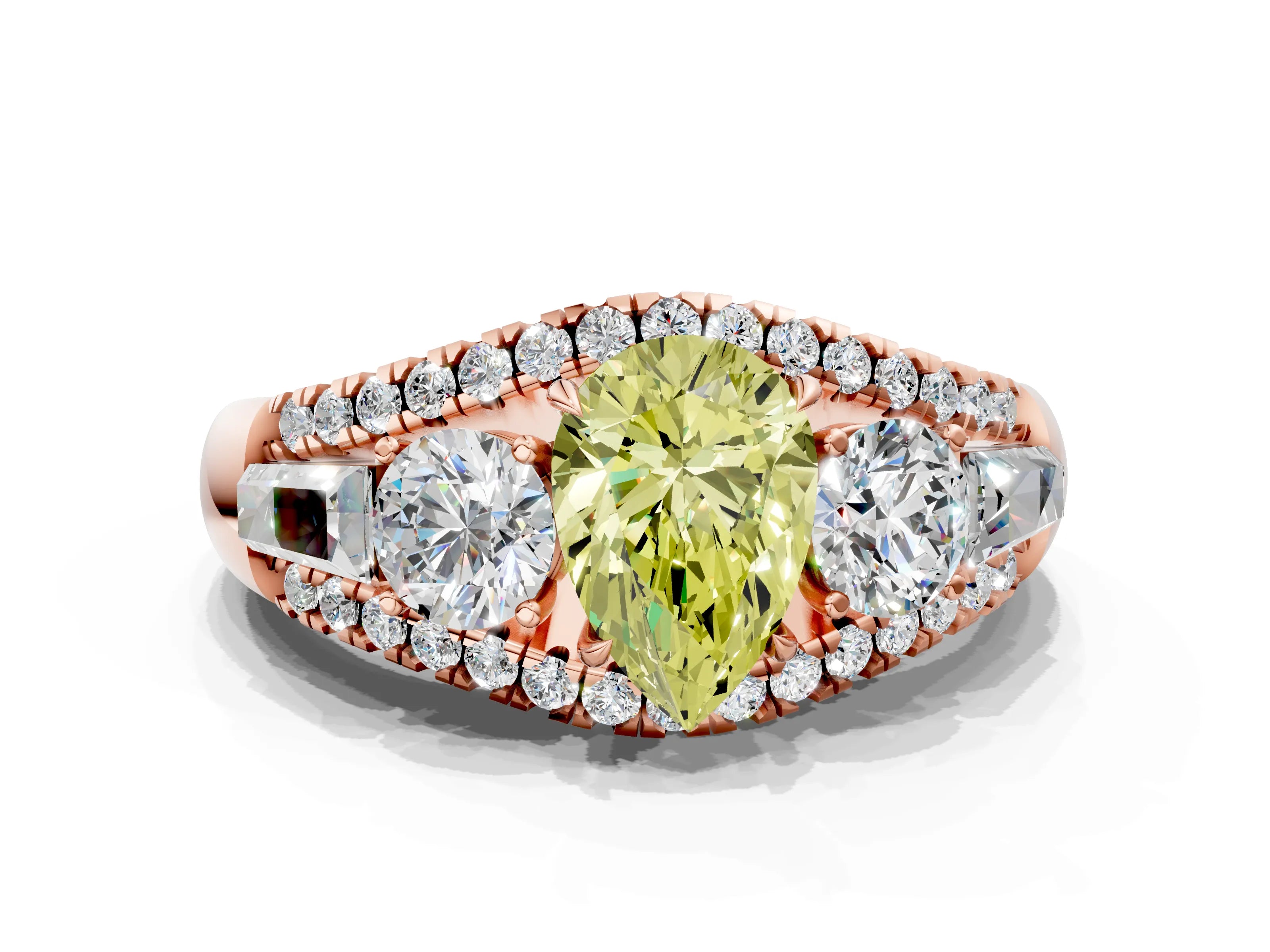 Rose gold Three-Stone Fancy Yellow Pear Cut Diamond Engagement Ring with Pave Band and Prong Setting