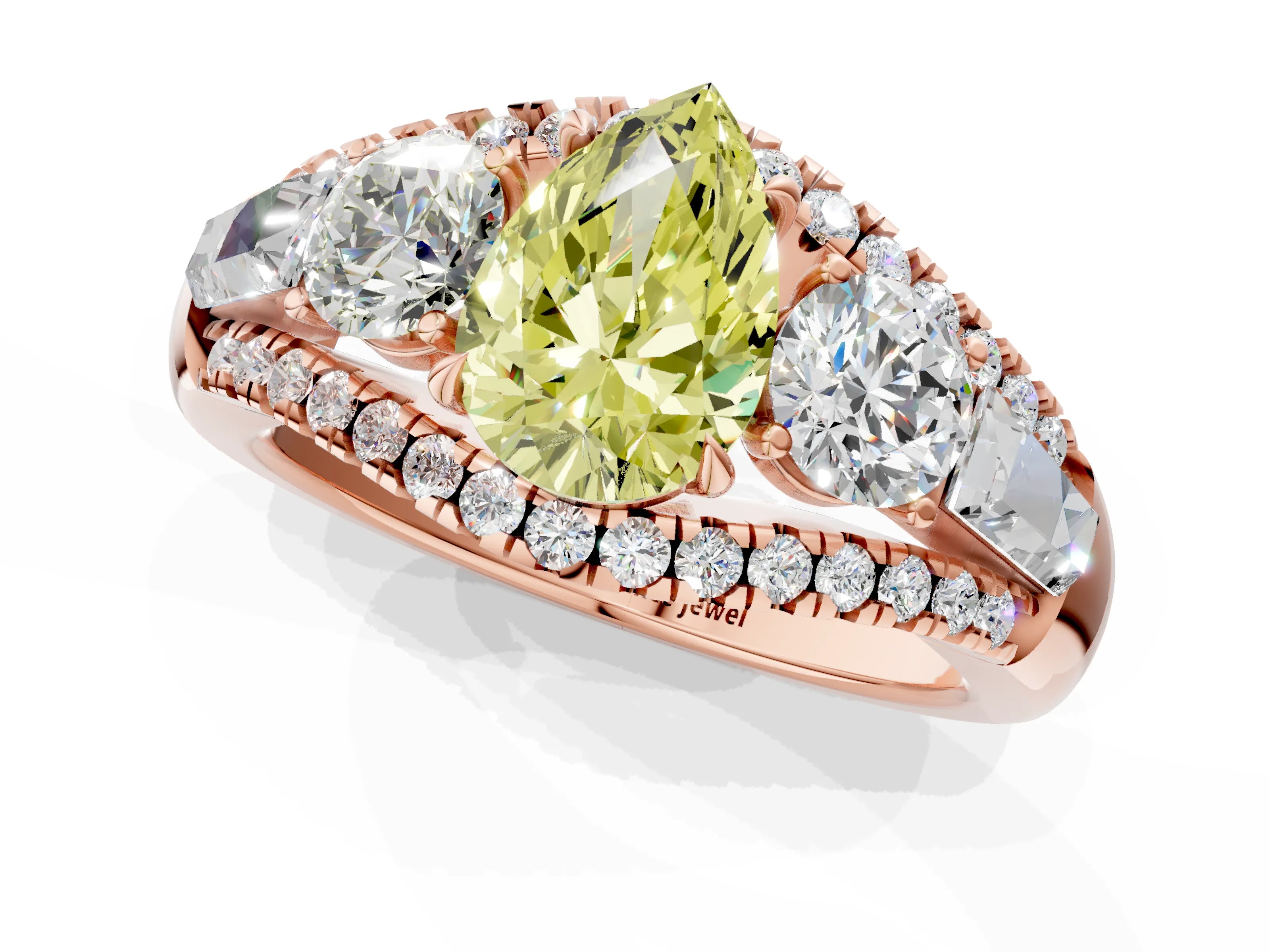 Rose gold Three-Stone Fancy Yellow Pear Cut Diamond Engagement Ring with Pave Band and Prong Setting_1