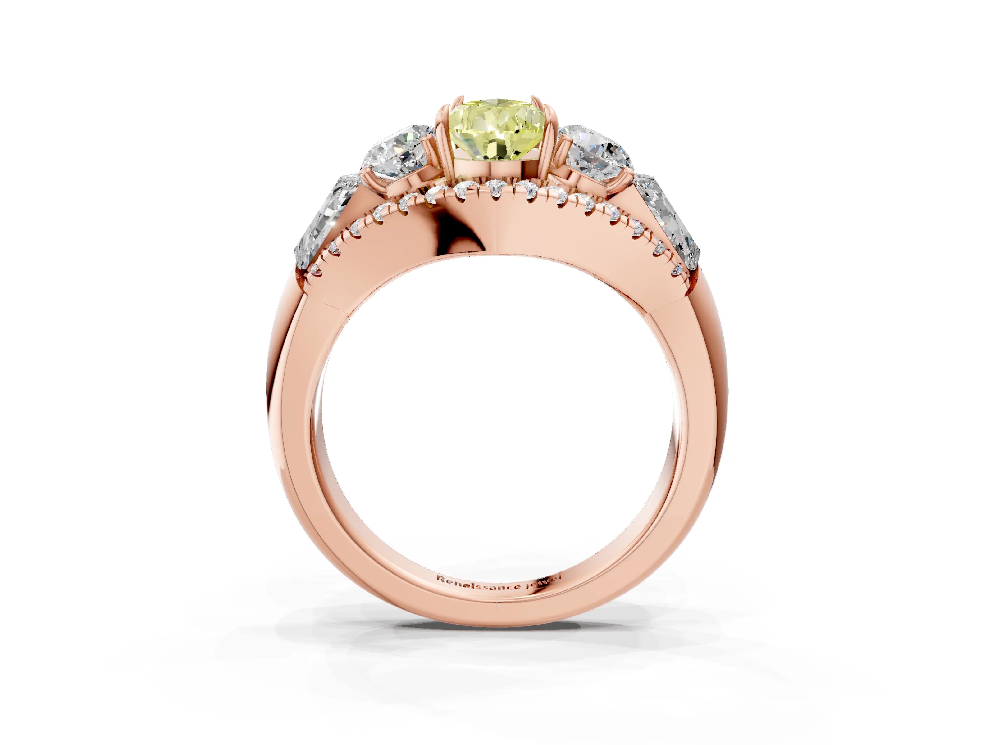 Rose gold Three-Stone Fancy Yellow Pear Cut Diamond Engagement Ring with Pave Band and Prong Setting_3