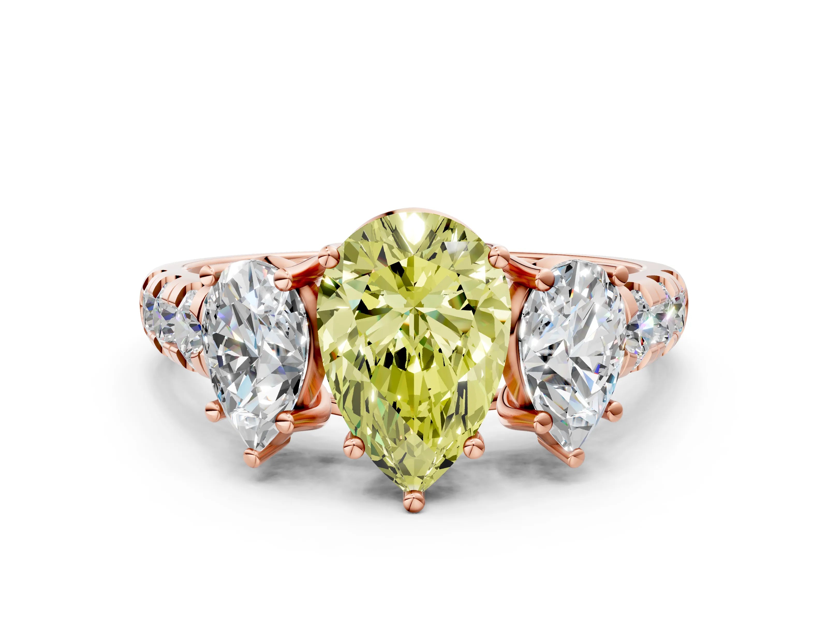 Rose gold Three-Stone Fancy Yellow Pear Cut Diamond Pavé Band with Prong Setting