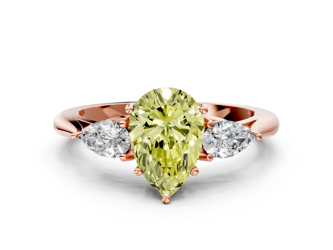 Rose gold Three-Stone Fancy Yellow Pear  Cut Diamond Ring with Pear Side Stones in Four-Prong Setting_108