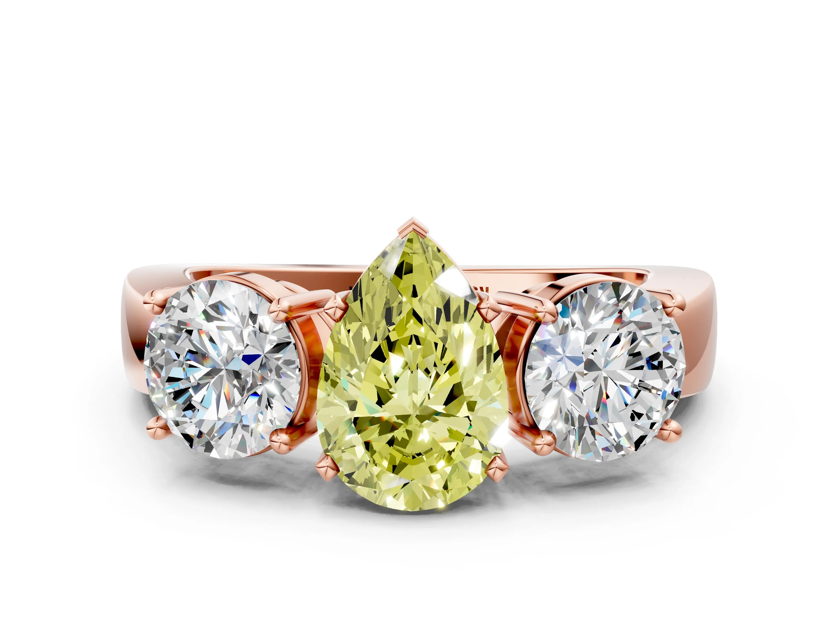 Rose gold Three-Stone Fancy Yellow Pear Cut Diamond Ring with Round Side Stones, Classic Band, and Four-Prong Setting