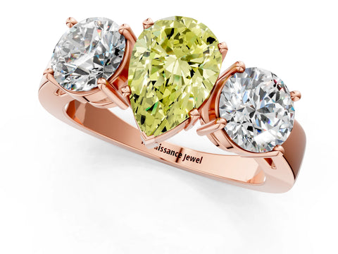 Rose gold Three-Stone Fancy Yellow Pear Cut Diamond Ring with Round Side Stones, Classic Band, and Four-Prong Setting_1