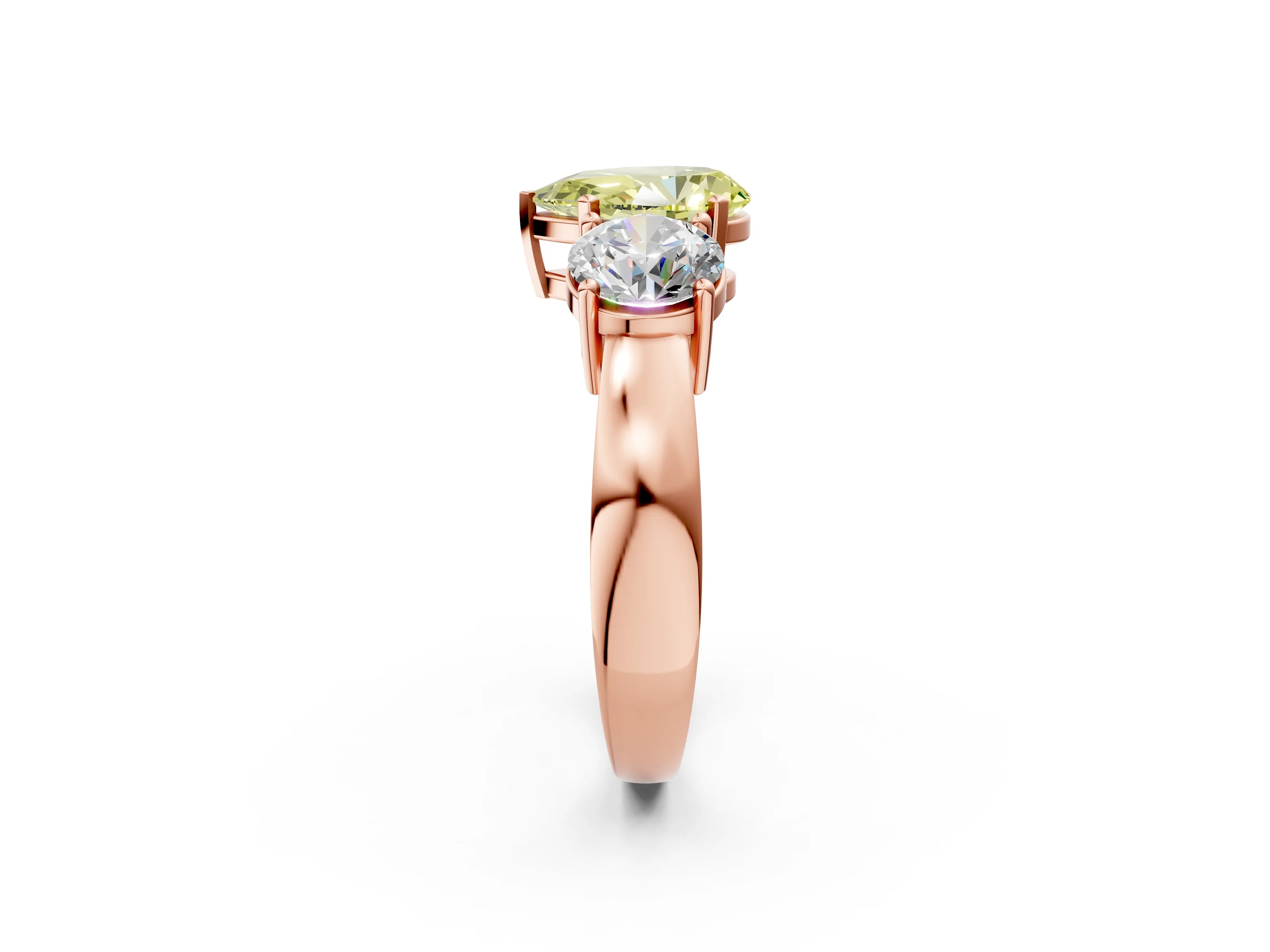 Rose gold Three-Stone Fancy Yellow Pear Cut Diamond Ring with Round Side Stones, Classic Band, and Four-Prong Setting_2