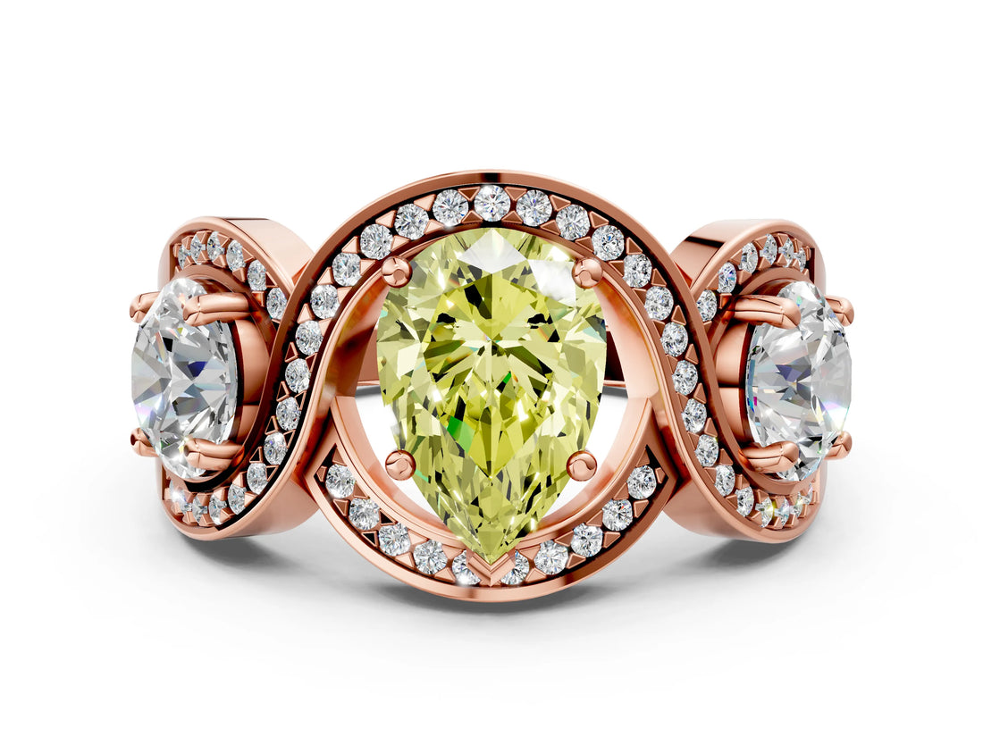 Rose gold Three-Stone Fancy Yellow Pear Cut Diamond Wave Pave Band with Prong Setting