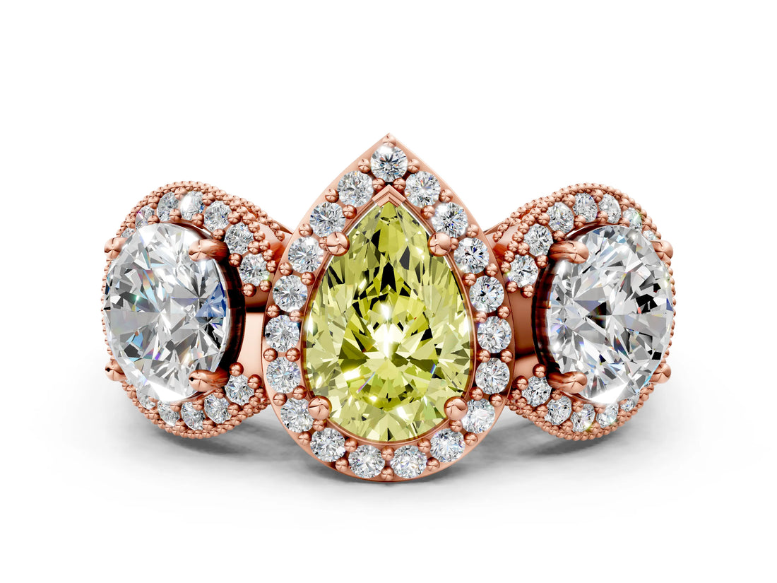 Rose gold Three-Stone Fancy Yellow Pear Cut Halo Diamond Milgrain Band with Four-Prong Setting