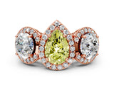 Rose gold Three-Stone Fancy Yellow Pear Cut Halo Diamond Milgrain Band with Four-Prong Setting