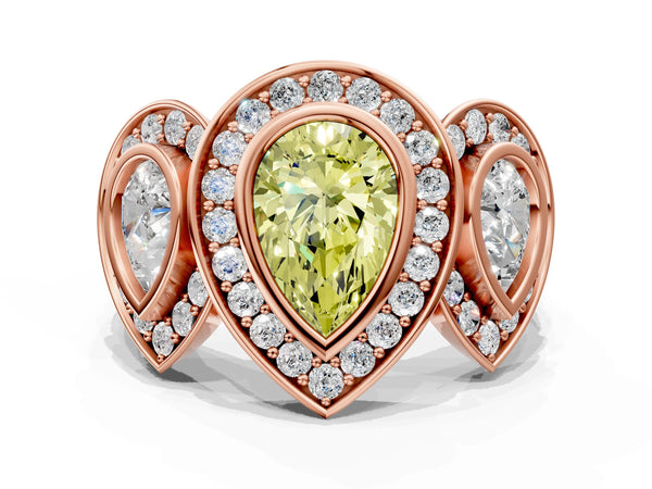 Rose gold Three-Stone Fancy Yellow Pear Cut Halo Pavé Diamond Ring