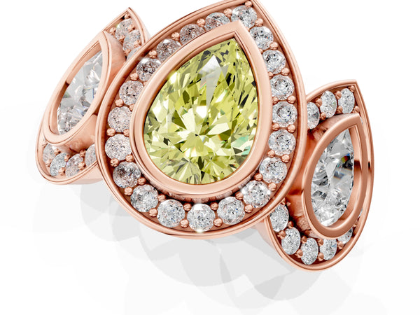 Rose gold Three-Stone Fancy Yellow Pear Cut Halo Pavé Diamond Ring