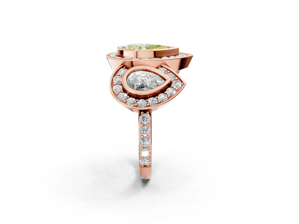Rose gold Three-Stone Fancy Yellow Pear Cut Halo Pavé Diamond Ring