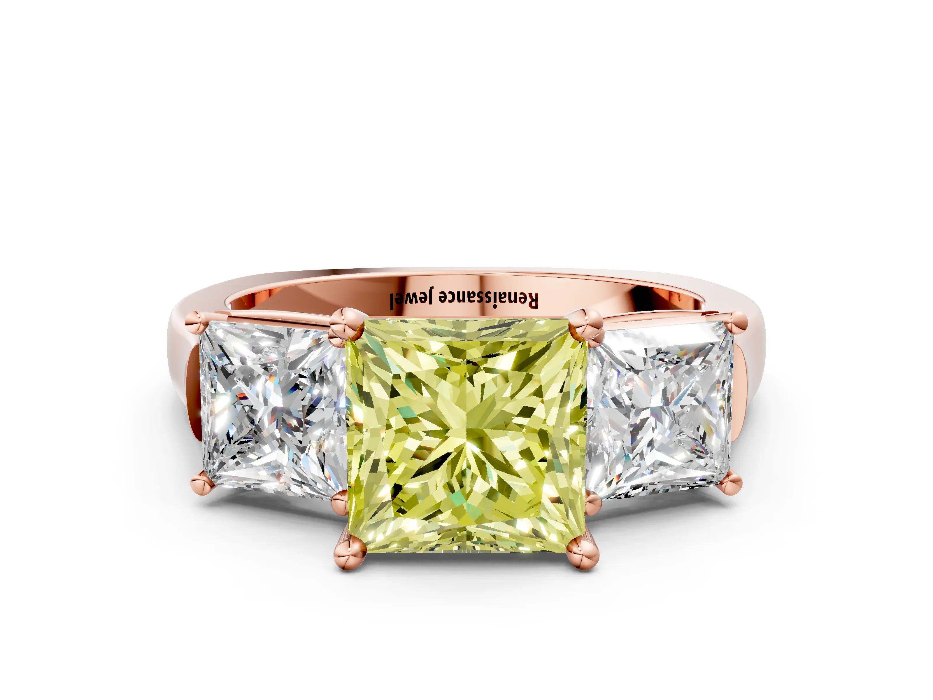 Rose gold Three-Stone Fancy Yellow Princess Cut Brilliant Diamond Trellis Ring with Comfort Fit Band