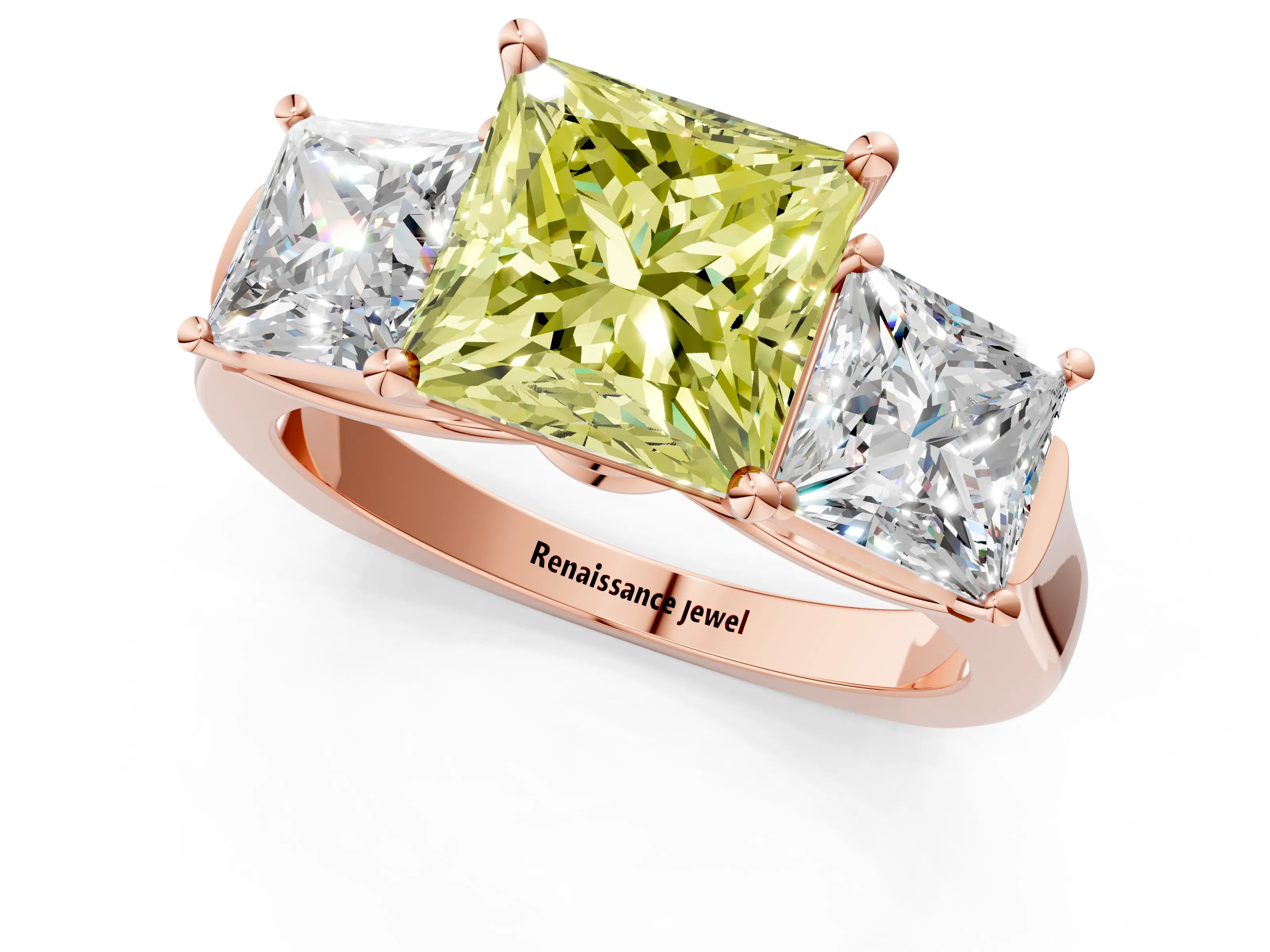 Rose gold Three-Stone Fancy Yellow Princess Cut Brilliant Diamond Trellis Ring with Comfort Fit Band_1