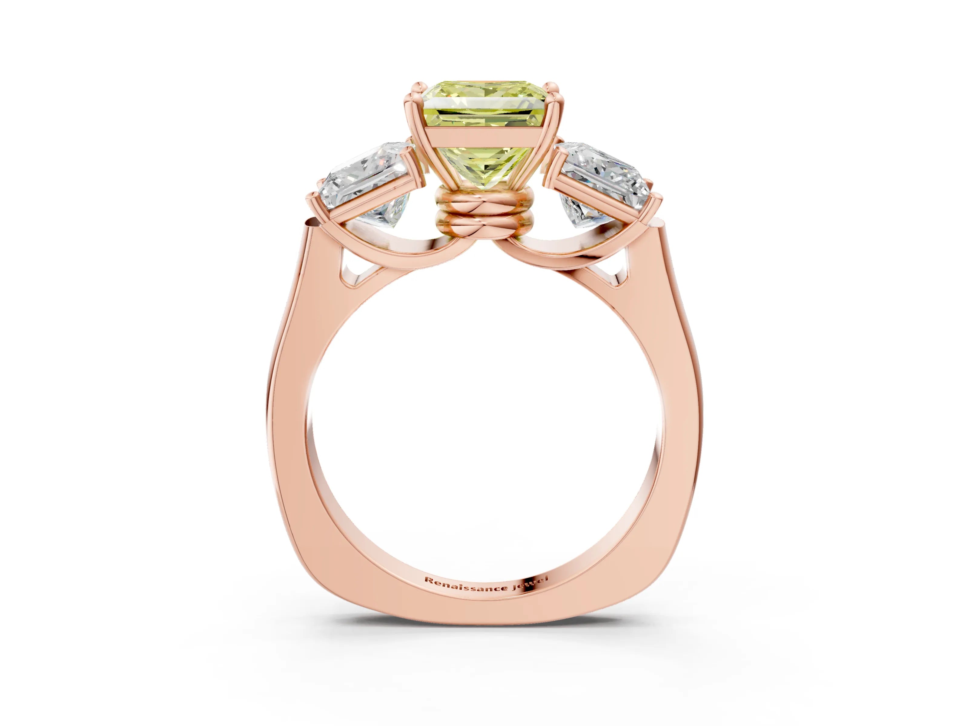 Rose gold Three-Stone Fancy Yellow Princess Cut Brilliant Diamond Trellis Ring with Comfort Fit Band_3