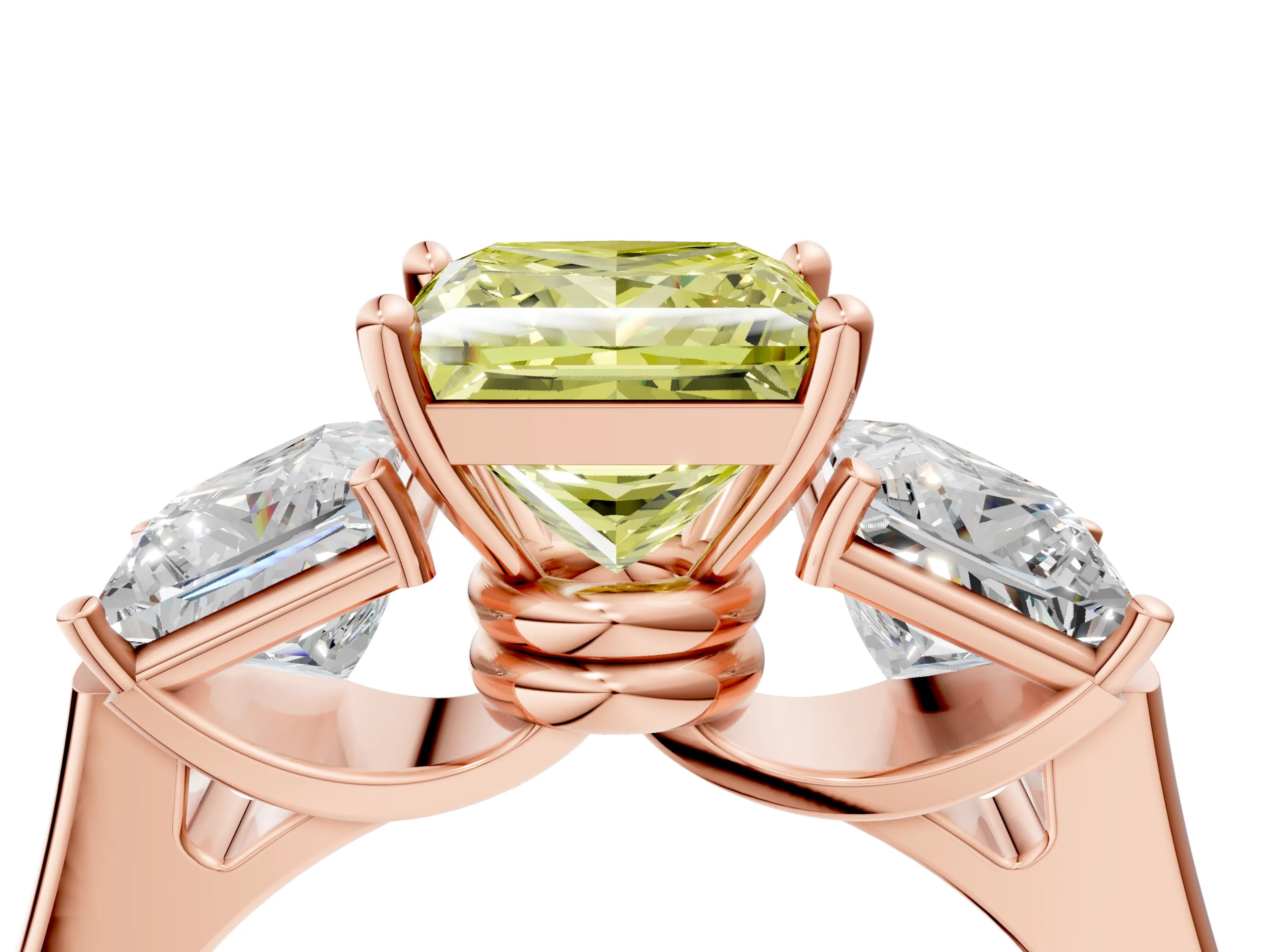 Rose gold Three-Stone Fancy Yellow Princess Cut Brilliant Diamond Trellis Ring with Comfort Fit Band_4
