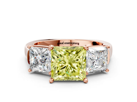 Rose gold Three-Stone Fancy Yellow Princess Cut Brilliant Diamond Trellis Ring with Comfort Fit Band