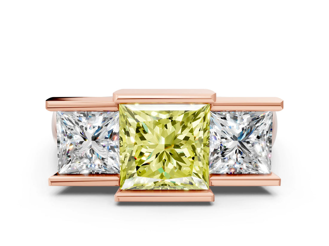Rose gold Three Stone Fancy Yellow Princess Cut Cut Channel Set Diamond Ring