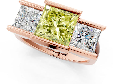 Rose gold Three Stone Fancy Yellow Princess Cut Cut Channel Set Diamond Ring_1