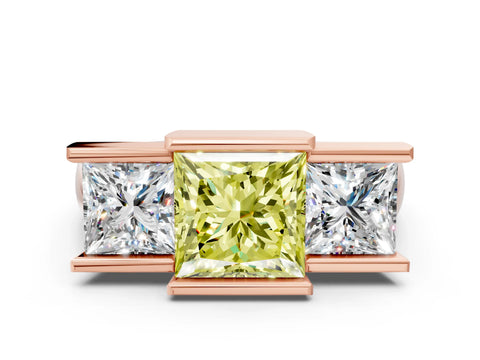 Rose gold Three Stone Fancy Yellow Princess Cut Cut Channel Set Diamond Ring