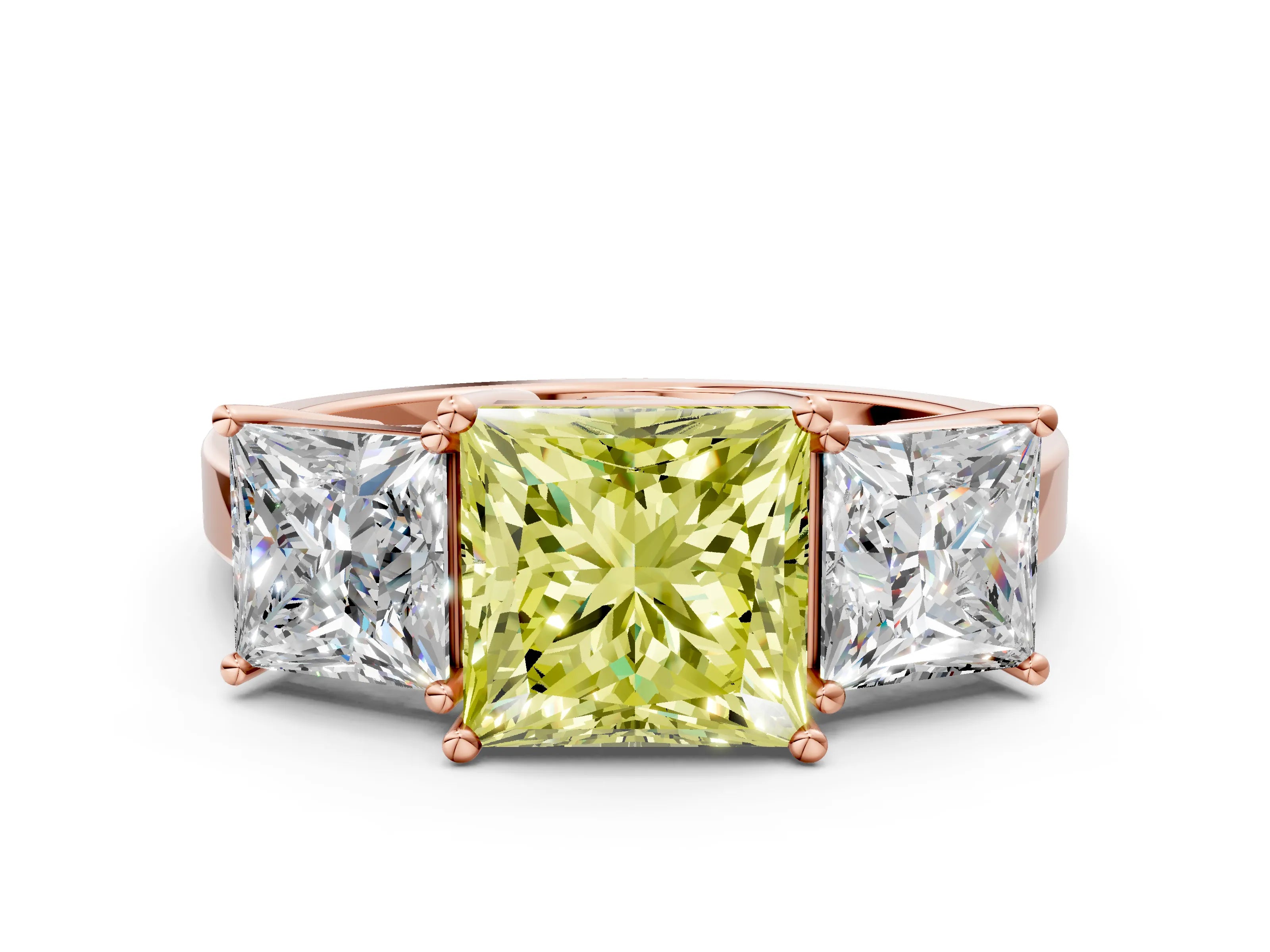 Rose gold Three-Stone Fancy Yellow Princess Cut Cut Diamond Engagement Ring with Flat Band and Four-Prong Setting