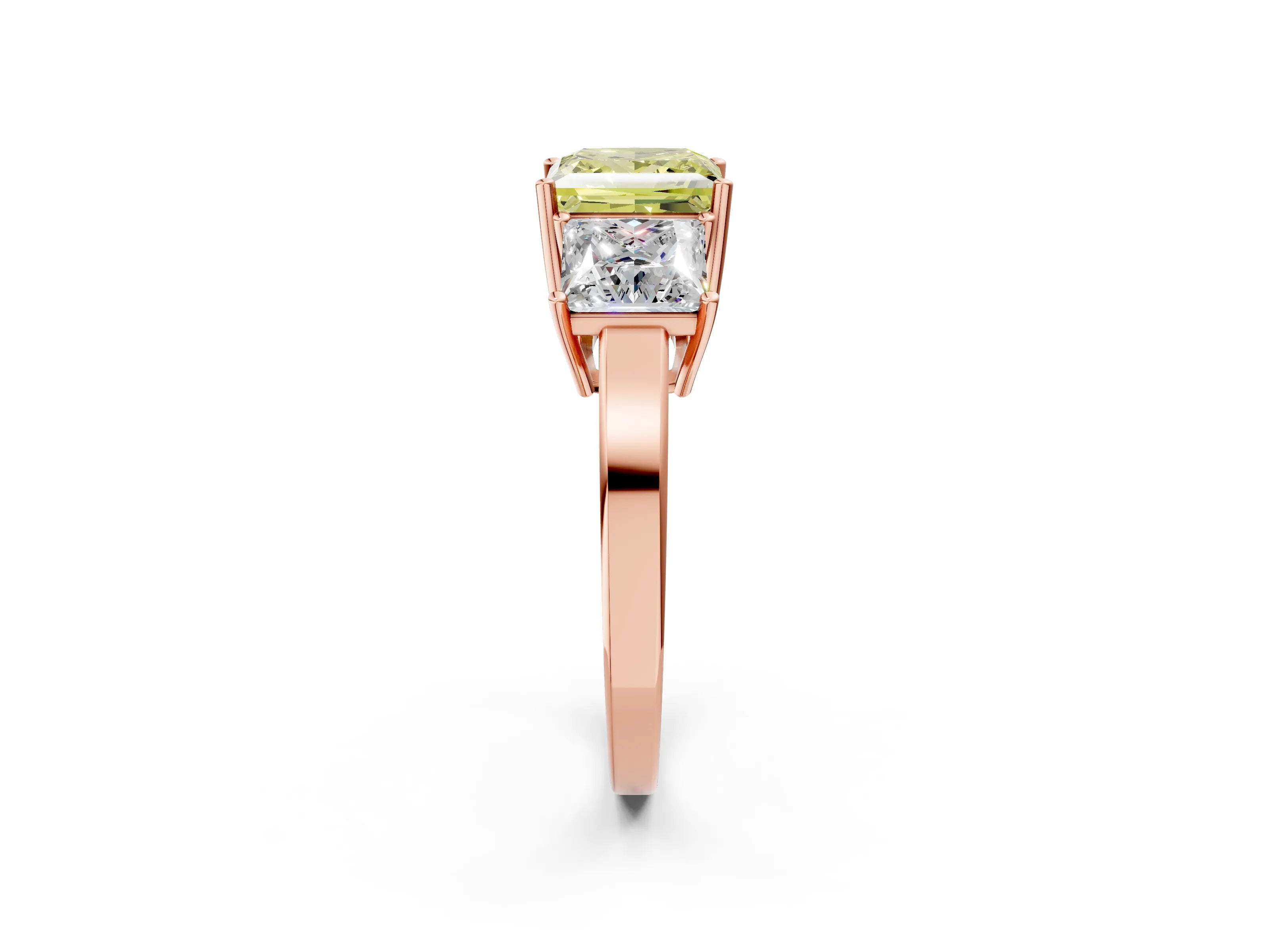 Rose gold Three-Stone Fancy Yellow Princess Cut Cut Diamond Engagement Ring with Flat Band and Four-Prong Setting_14