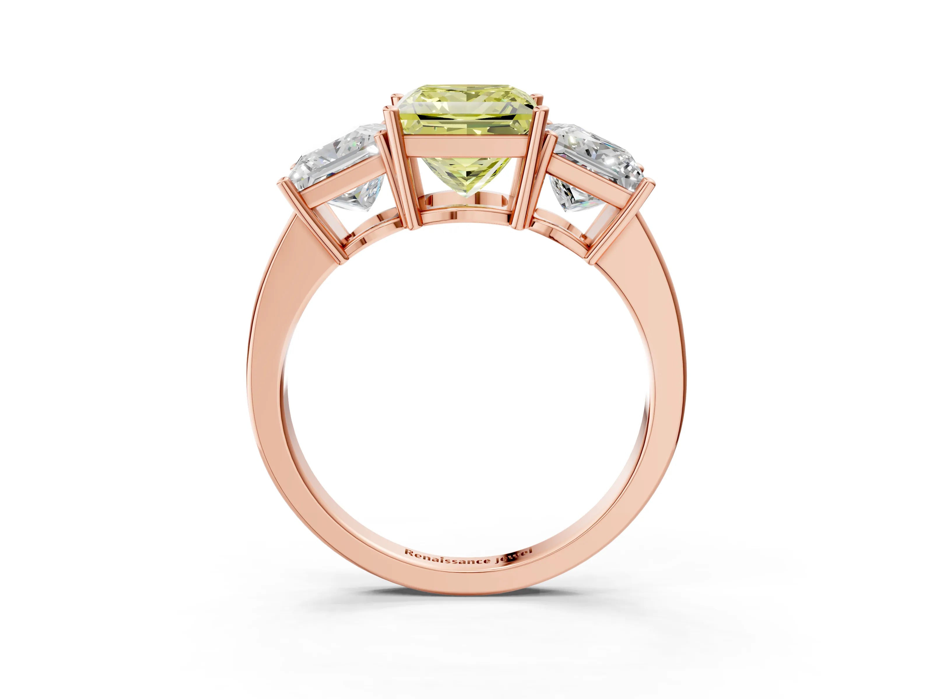 Rose gold Three-Stone Fancy Yellow Princess Cut Cut Diamond Engagement Ring with Flat Band and Four-Prong Setting_15
